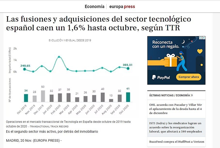 Las fusiones y adquisiciones del sector tecnolgico espaol caen un 1,6% hasta octubre, segn TTR